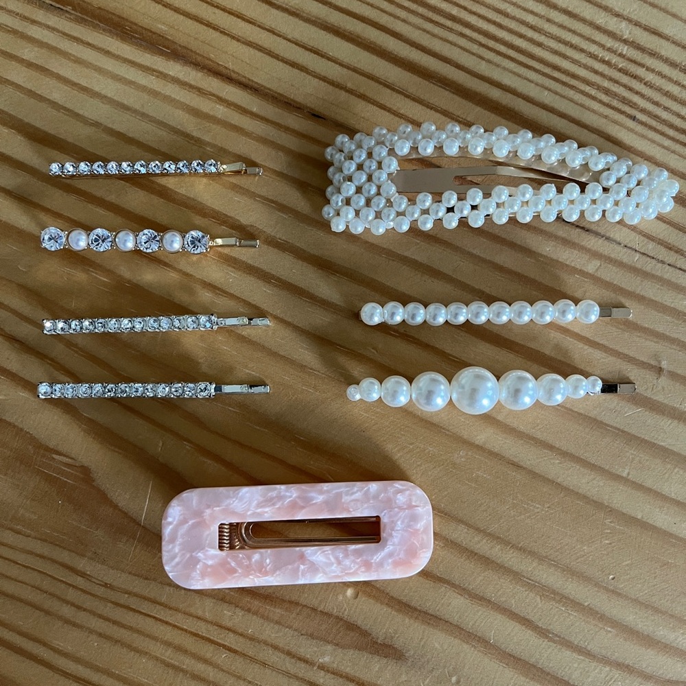 Set of 8, Pearl and gemstone hair clips, barrettes